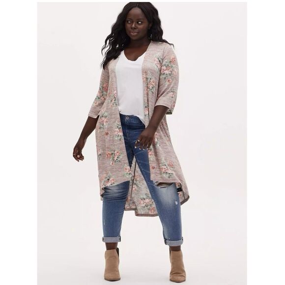 Torrid Floral Kimono Duster Open Cardigan Size M/L 00 Hi Low Coverup Boho Hippie - Picture 1 of 11